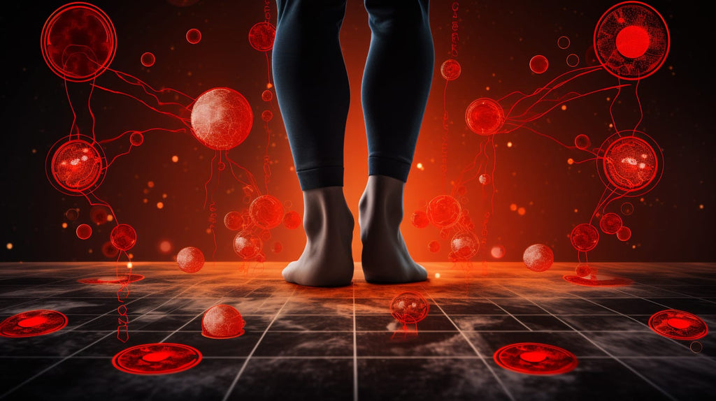 image showcasing a pair of feet surrounded by red warning signs and symbols to represent potential complications of neuropathy
