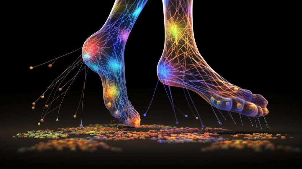 image showcasing the intricate network of nerves in the feet, with different colors representing specific nerve functions