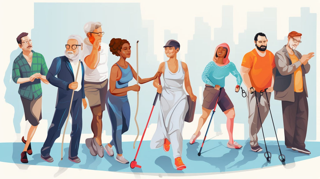 image showcasing a diverse group of people engaging in various activities such as yoga, walking with proper footwear, consulting healthcare professionals, and utilizing assistive devices, emphasizing the importance of support and resources in preventing neuropathy on feet