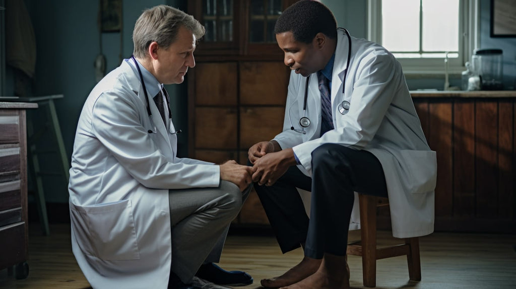 image showcasing a doctor examining a patient's feet, using a magnifying glass to inspect for symptoms of foot neuropathy