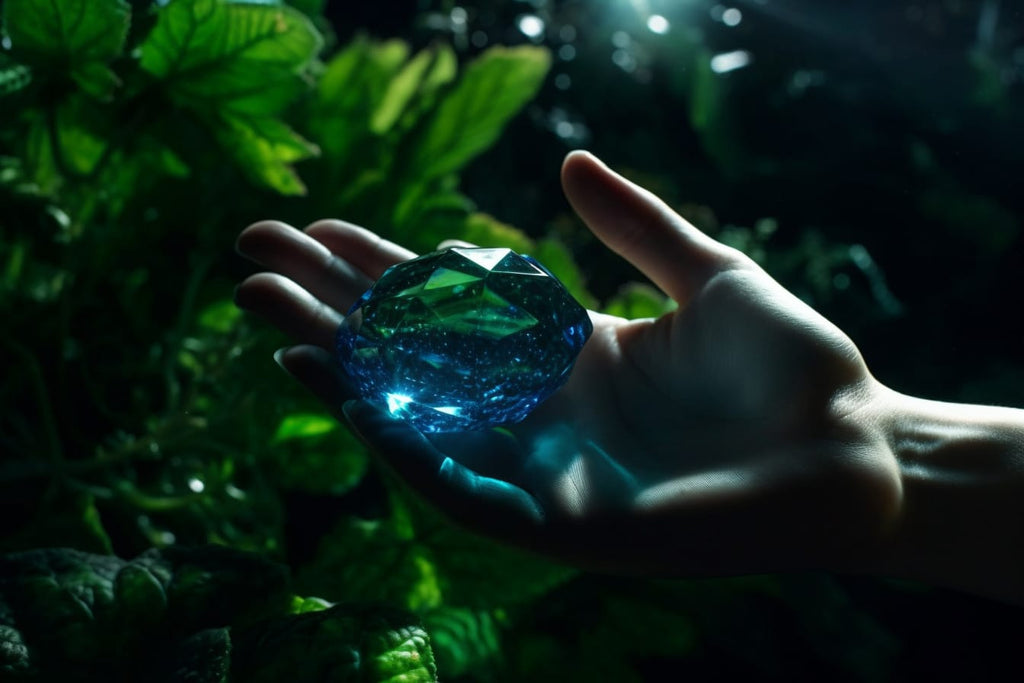 A hand in a glove of bright green plants, gripping a dark blue crystal, with a sunbeam illuminating the crystal's facets.