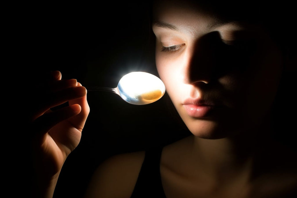 A person holding a spoonful of food, with a close-up of their skin being illuminated by a lightbulb, showing tiny red blotches.