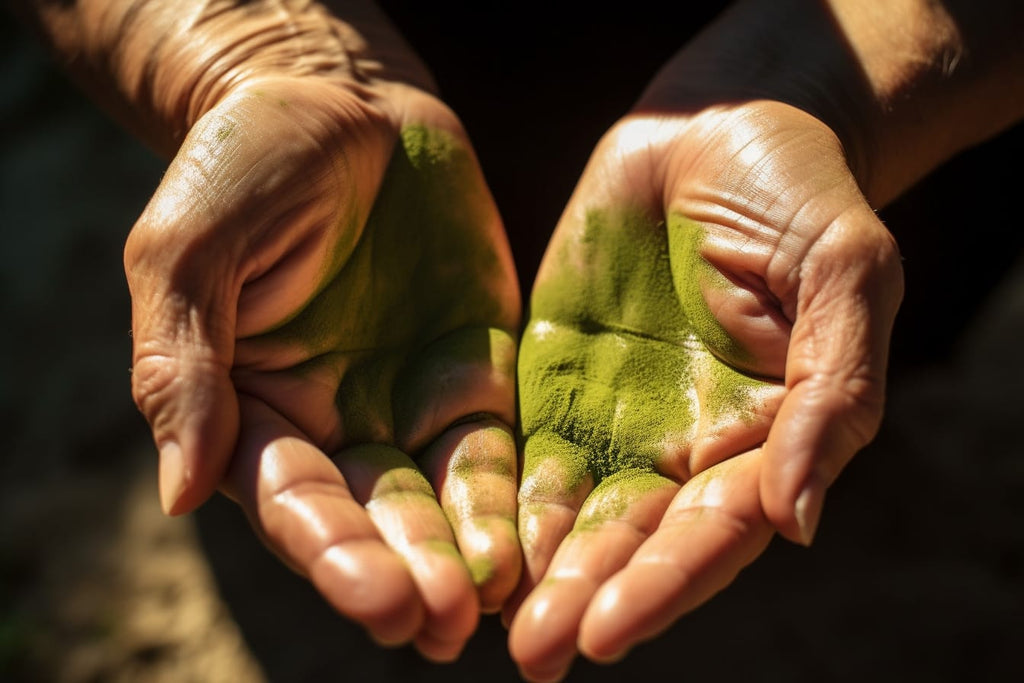 A close-up of hands, palms facing up, with a layer of healing green clay on top. Rays of sun beaming down, highlighting the natural ingredients and providing relief.