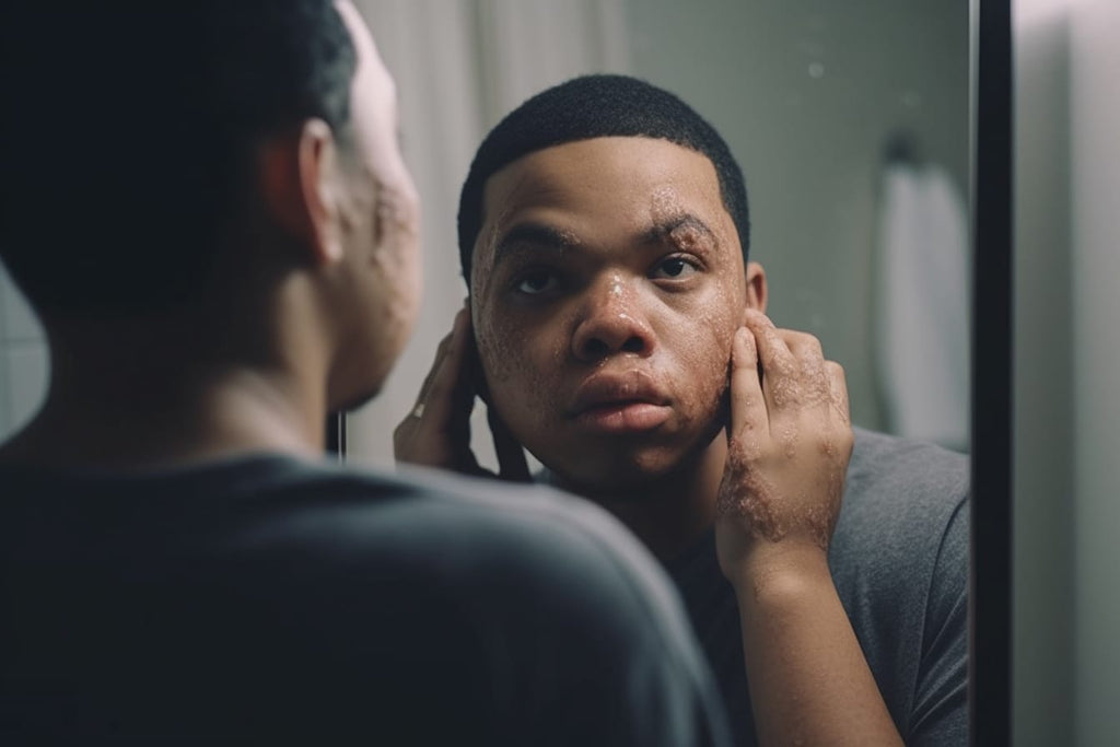 A person with psoriasis, looking in the mirror with a seemingly surprised expression, pointing to a few common, yet unexpected, symptoms on their skin.