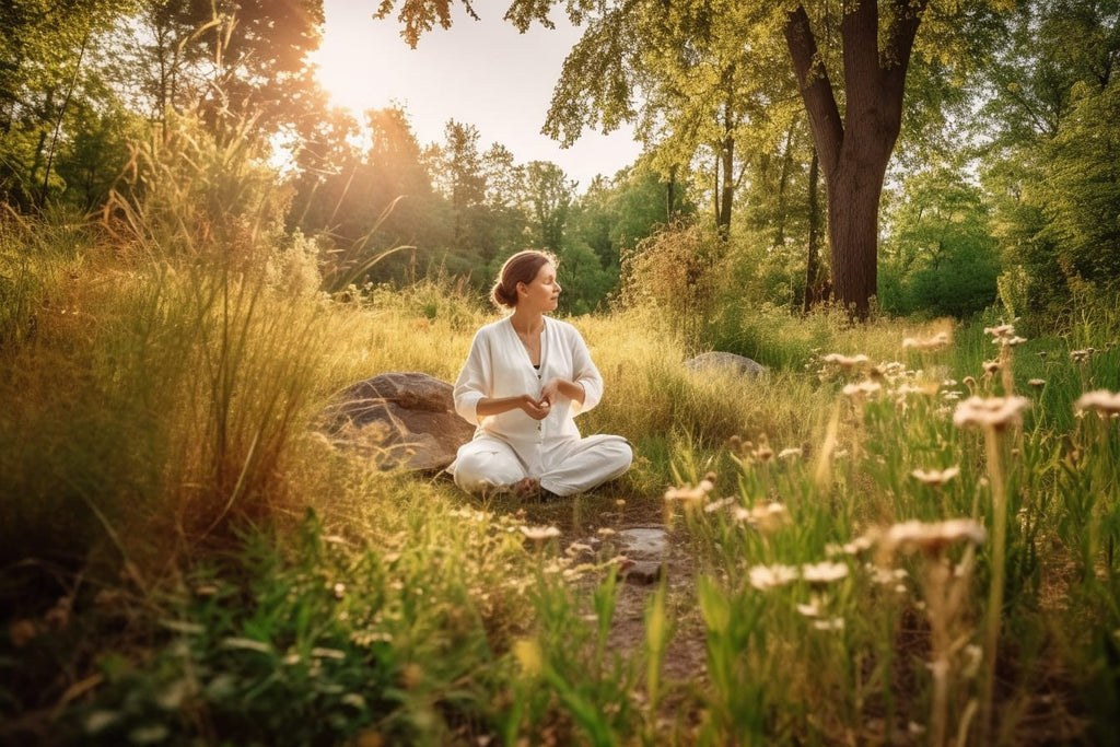 A person with psoriasis arthritis in a peaceful outdoor setting, surrounded by nature, trying five different natural treatments - yoga, herbs, essential oils, acupuncture, and massage.