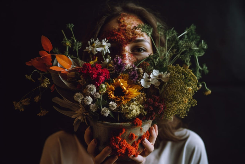 A person holding a bouquet of herbs and spices, with a look of relief on their face.