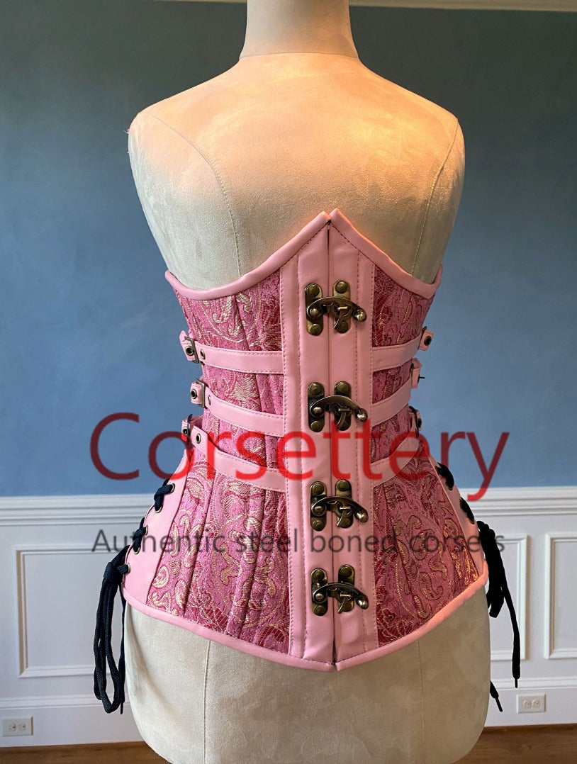 Real leather halfbust steel-boned authentic heavy corset, different colors,  gothic, alt, punk, steampunk, waist training, Pink leather corset