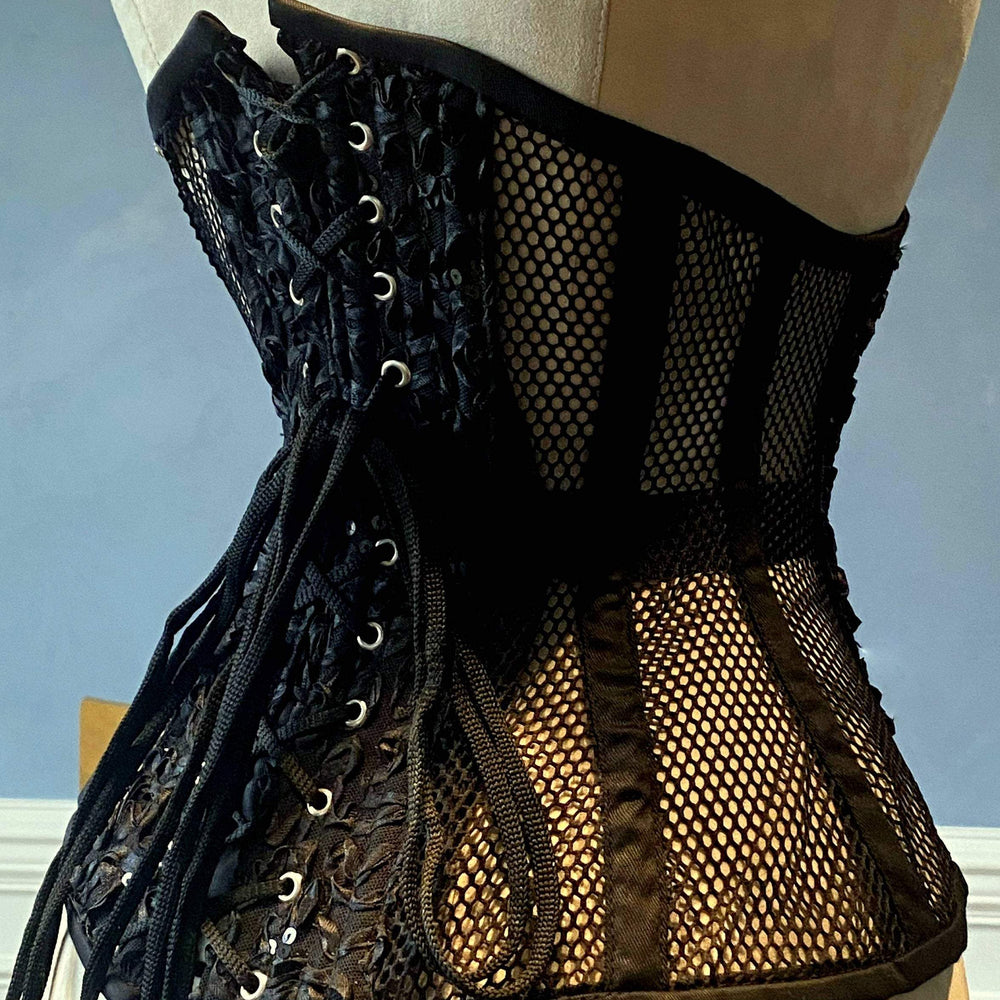 Black steel boned underbust corset from mesh. Authentic corset for