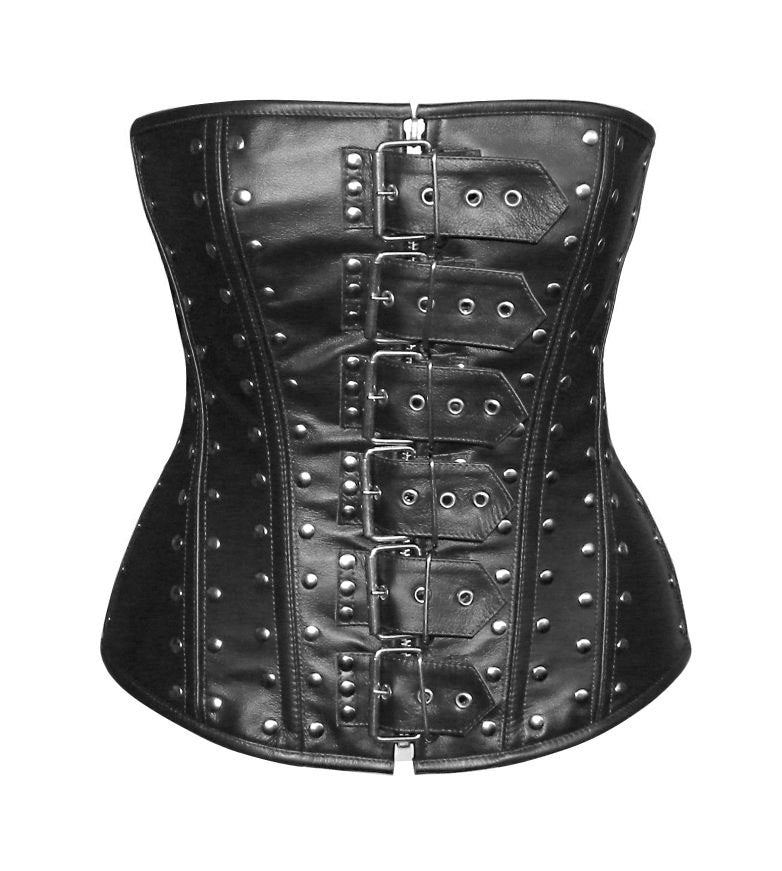 Black Real Pure Leather Over bust Spikes Corset Real Steel Bones Lace up  Back
