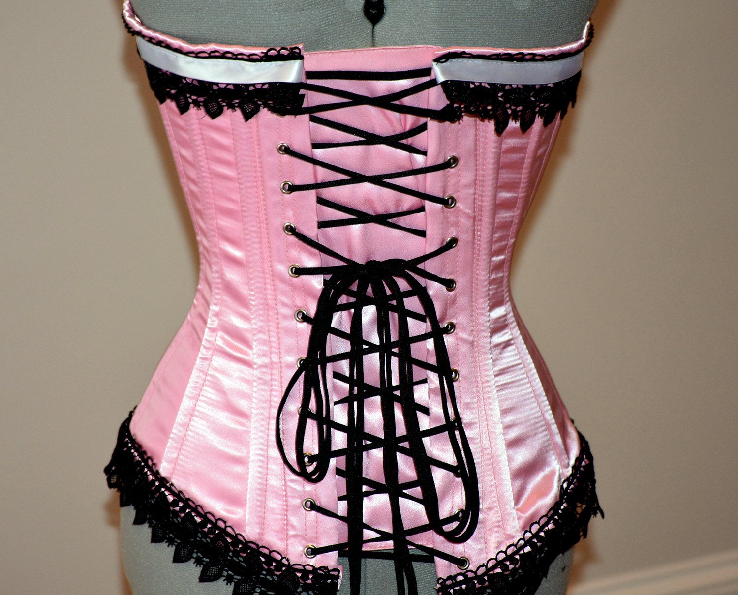 Historic Pink Satin Overbust Authentic Corset With Black Lace Steel B Corsettery Authentic 5453
