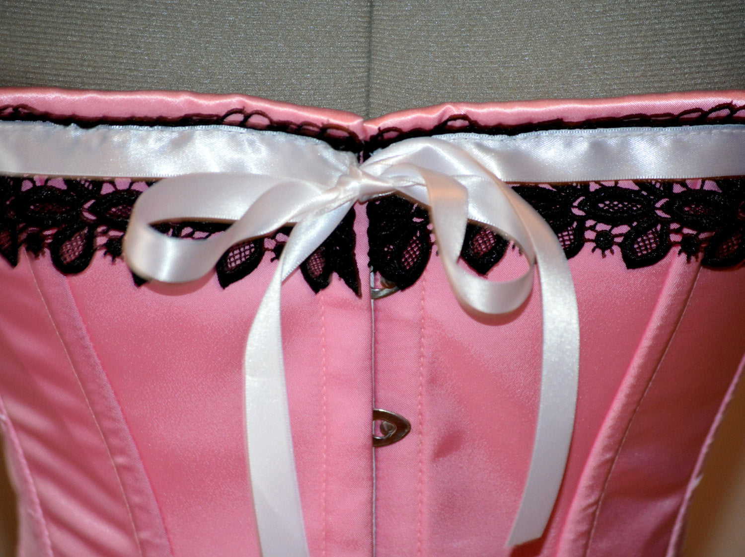 Historic Pink Satin Overbust Authentic Corset With Black Lace Steel B