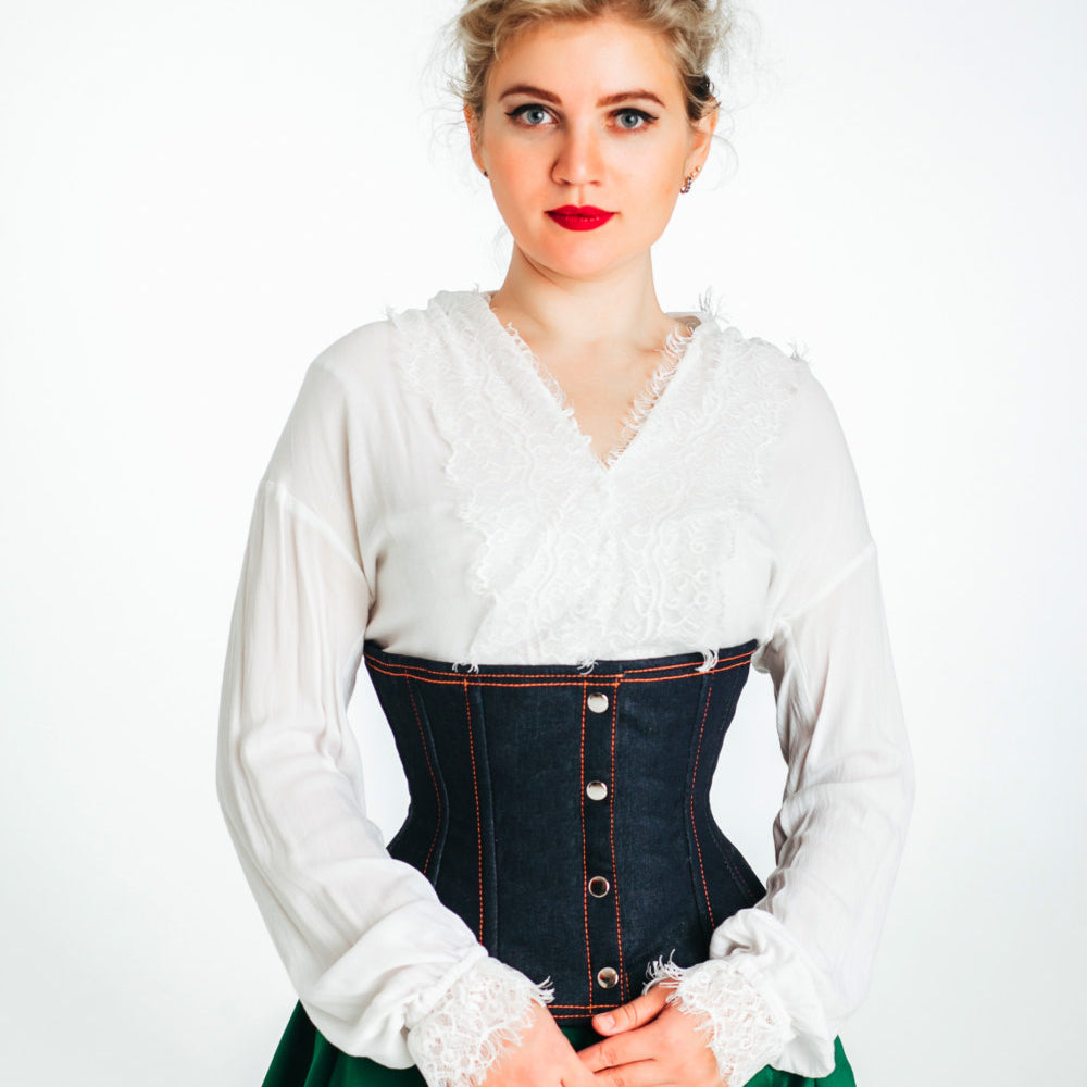 Double row steel boned authentic underbust denim corset. Western collection  Hourglass waist training corset, coachella, exclusive steampunk corset