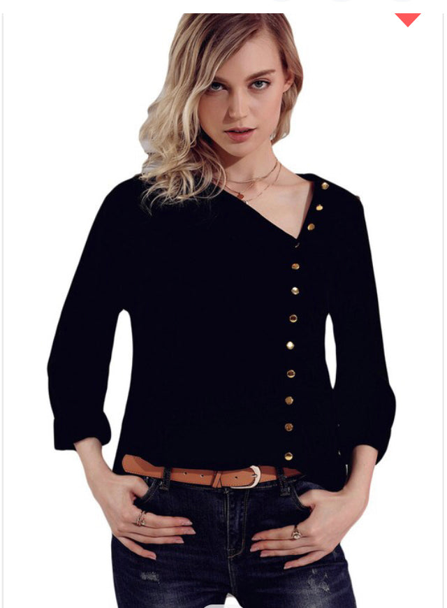 Black Blouse with Gold Side Button Down Detail