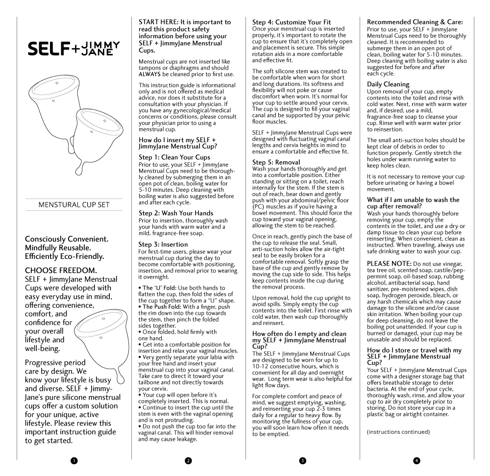 Front side of manual instructions for SELF + JimmyJane Menstrual Cup Set
