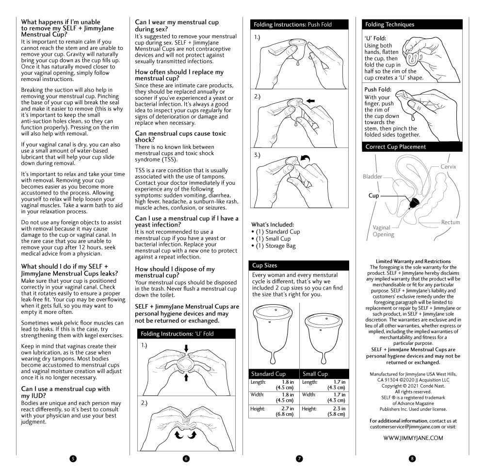 Back side of manual instruction for SELF + JimmyJane Menstrual Cup Set