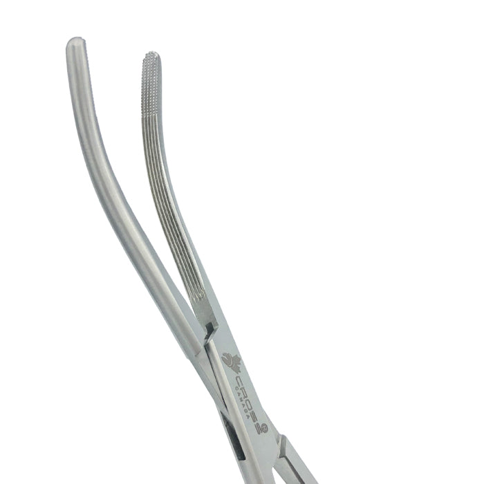 Rochester-Carmalt Forceps, 8" (20.5cm), Curved, Longitudinally Serrated Jaws, Cross Serrated Tips