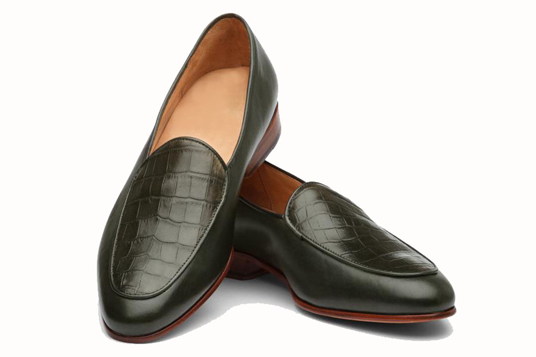 Olive Green Croco Print Leather Formal Loafer Slip On Shoes for Men with Leather Sole. Goodyear Welted Construction Available.