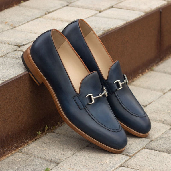 Navy Blue Leather Horsebit Loafer Shoes for Men | The Royale Peacock