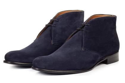 Navy Blue Suede Leather Formal Chukka Boot Lace Up Shoes for Men with Leather Sole. Goodyear Welted Construction Available.