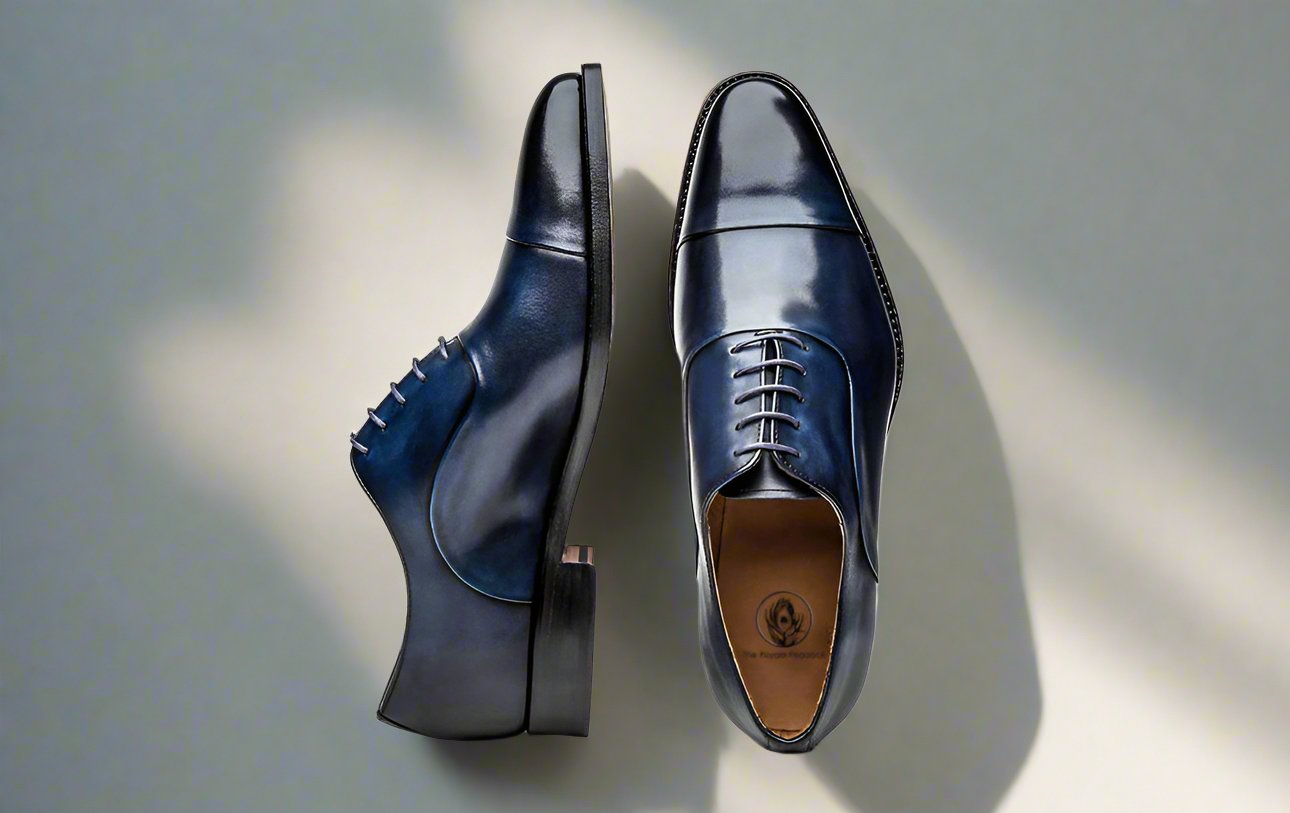 Navy Blue Leather Patina Oxford Shoes for Men | The Royale Peacock