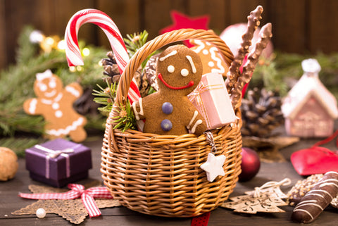 Christmas gift basket with gingerbread man