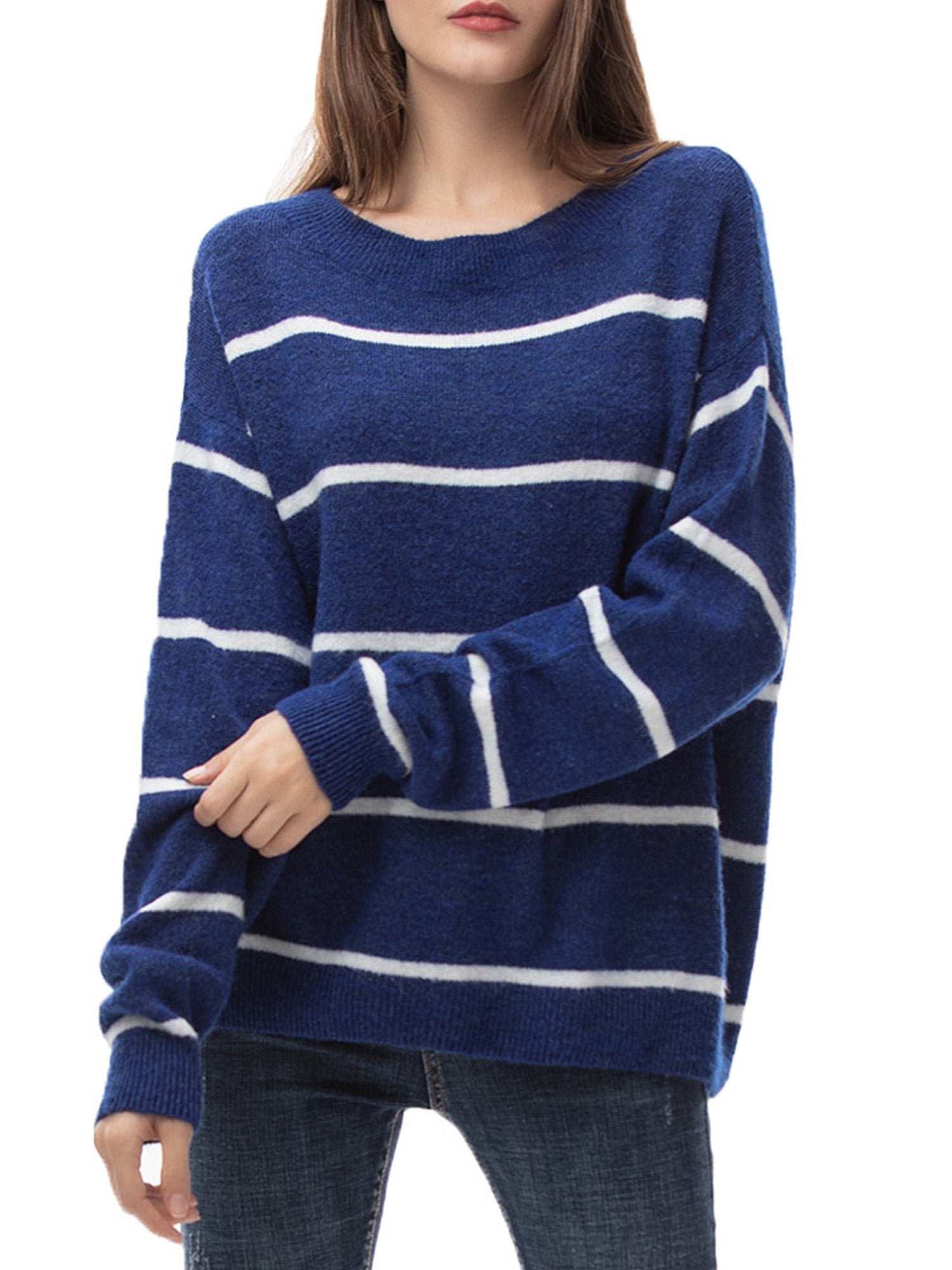 Blue and White Stripe Oversized Loose Knit Sweater – MessBebe