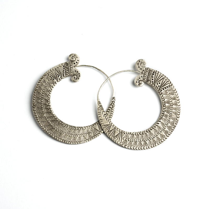 Engraved Tribal Silver Hoop Earrings With A Spiralling Tip