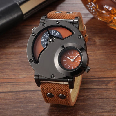 Sport Men's Watch Dual Time Quartz Watch Waterproof Leather Wristwatch