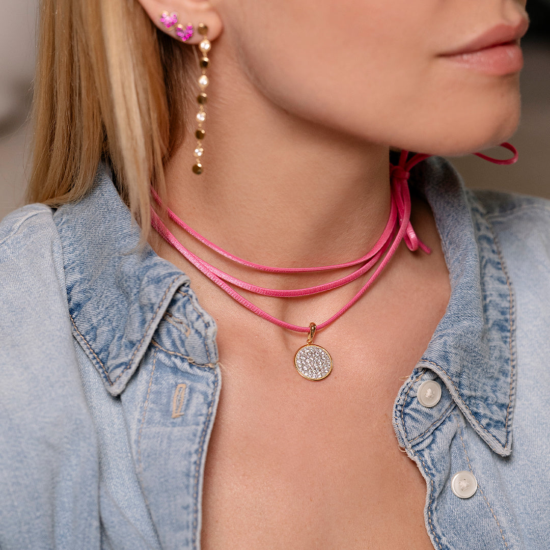 Oversized pave circle pendant with pink choker - STARDUST TEN