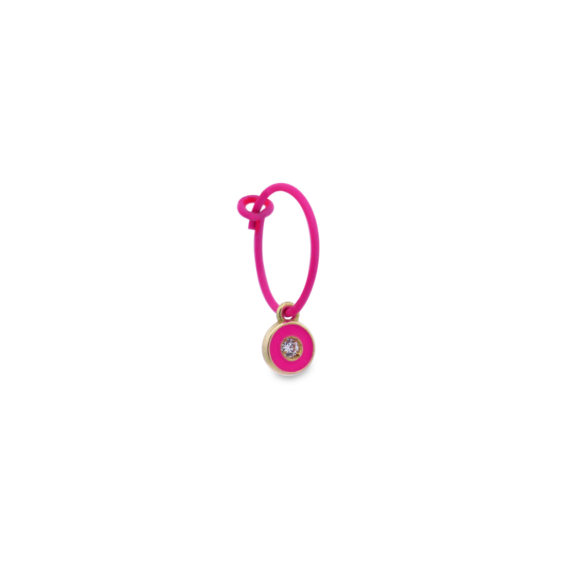 Orecchini - Mono-orecchino Diamond DOT hoop fucsia Fluo e Diamante Lab Grown - ORO18KT - 1 | Rue des Mille