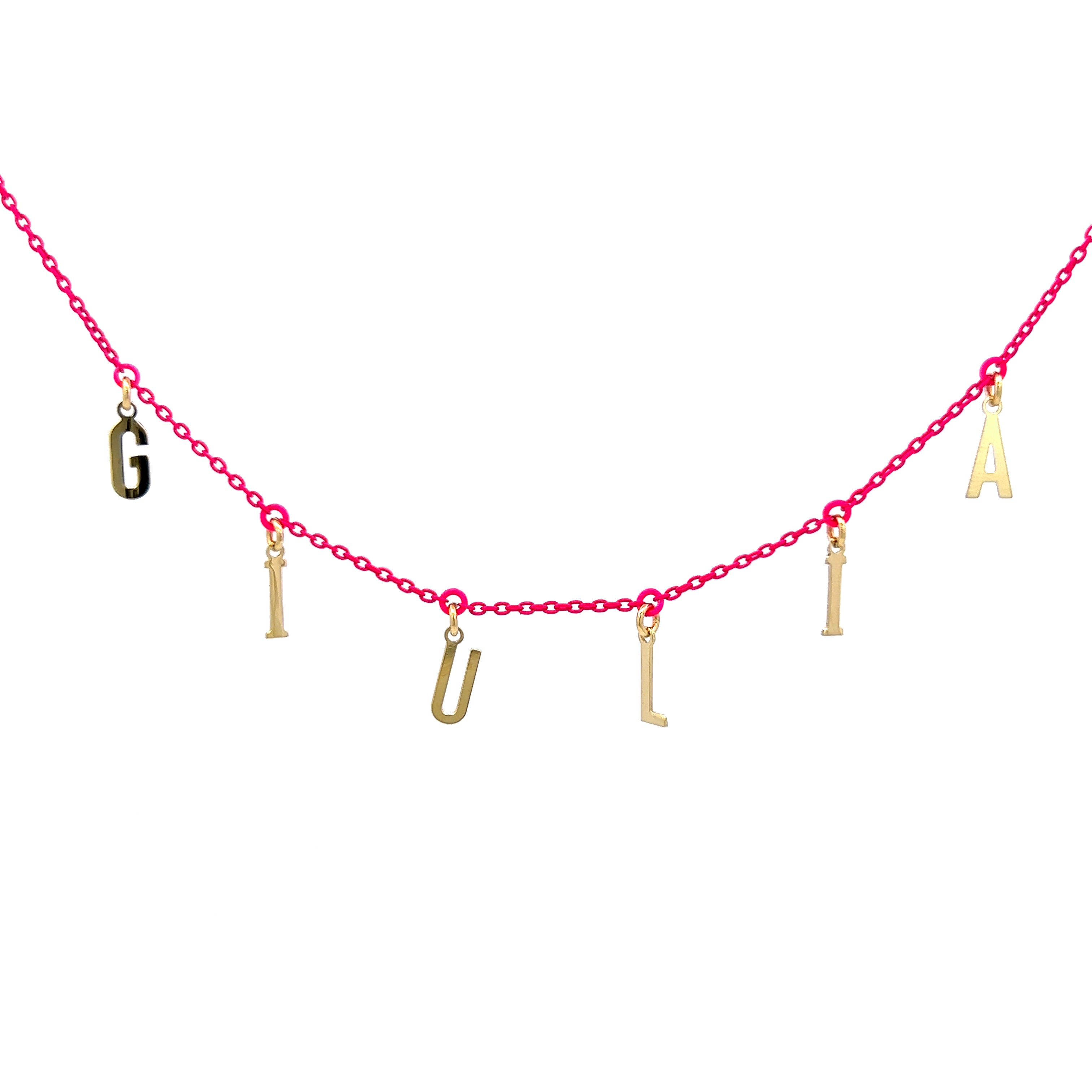 Girocolli - Girocollo Golden Mate lettere personalizzabile fucsia fluo – ORO18KT - 3 | Rue des Mille