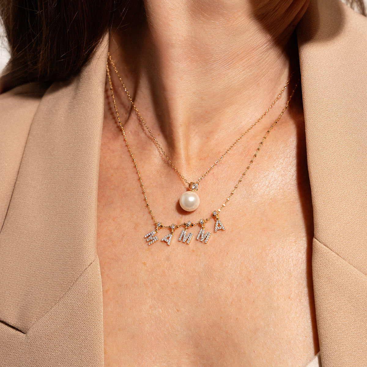 Customizable necklace with dangling letters and zircons