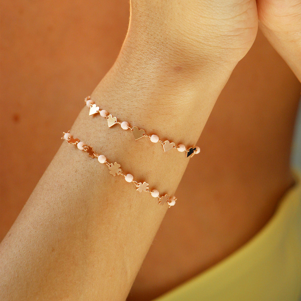 Chain bracelet Four-leaf clovers Pink stones Adult - Io&Ro