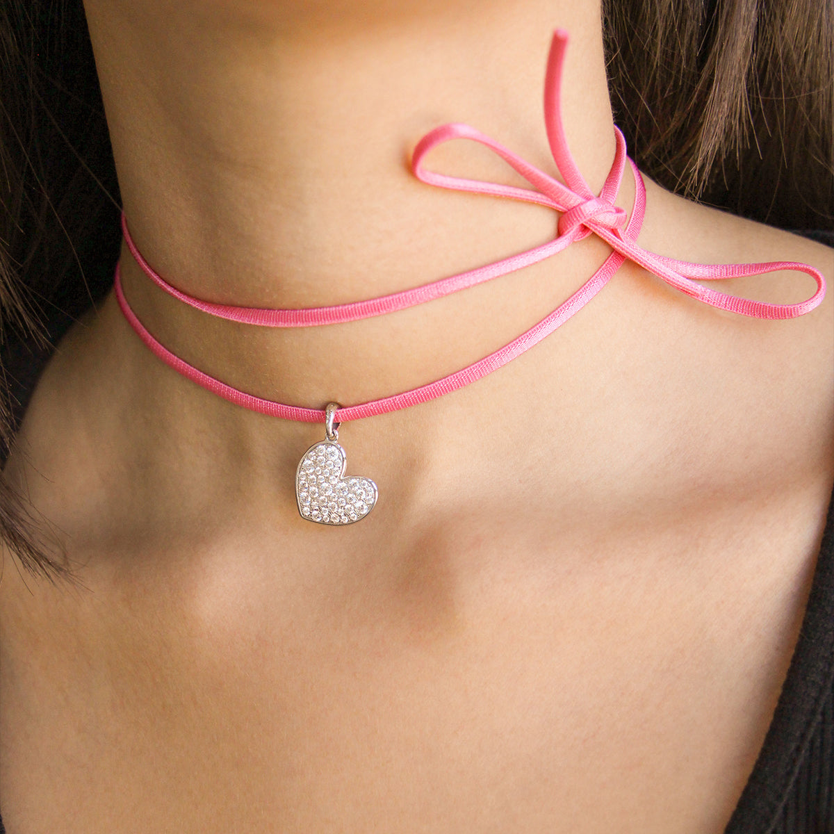 Oversized pave heart pendant with pink choker - STARDUST TEN