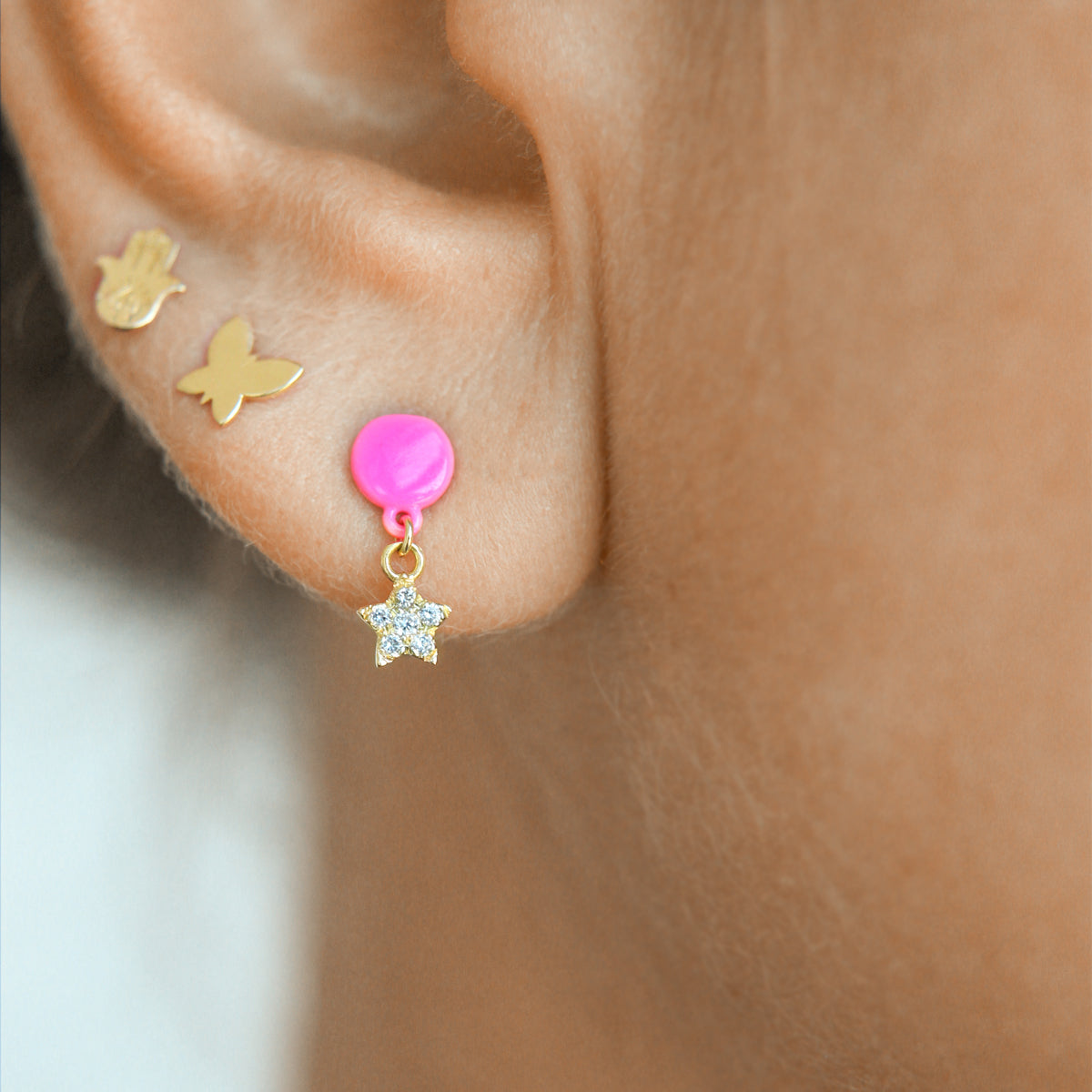 Single earring with Star and painted button and Lab Grown Diamonds - ORO18KT