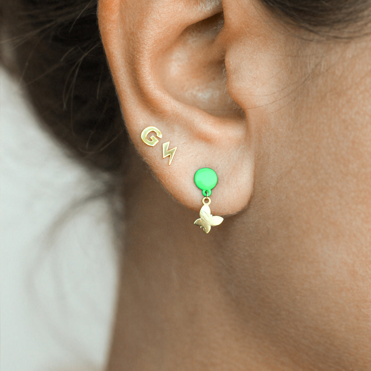 Earrings - Single earring with Butterfly and painted button - ORO18KT - 4 | Rue des Mille