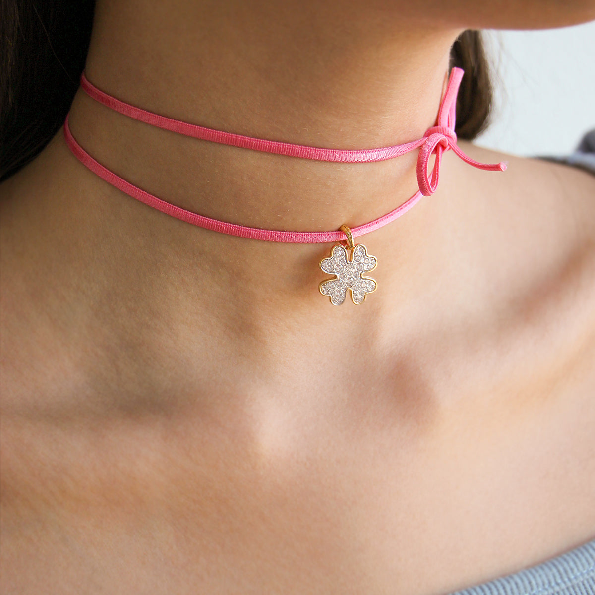 Oversized pave four-leaf clover pendant with pink choker - STARDUST TEN