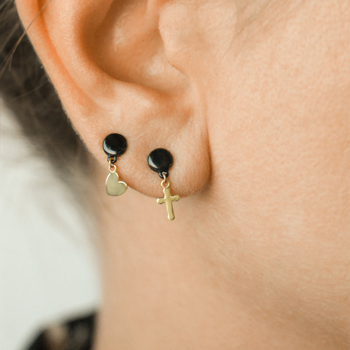 Earrings - Single earring with Cross and painted button - ORO18KT - 4 | Rue des Mille