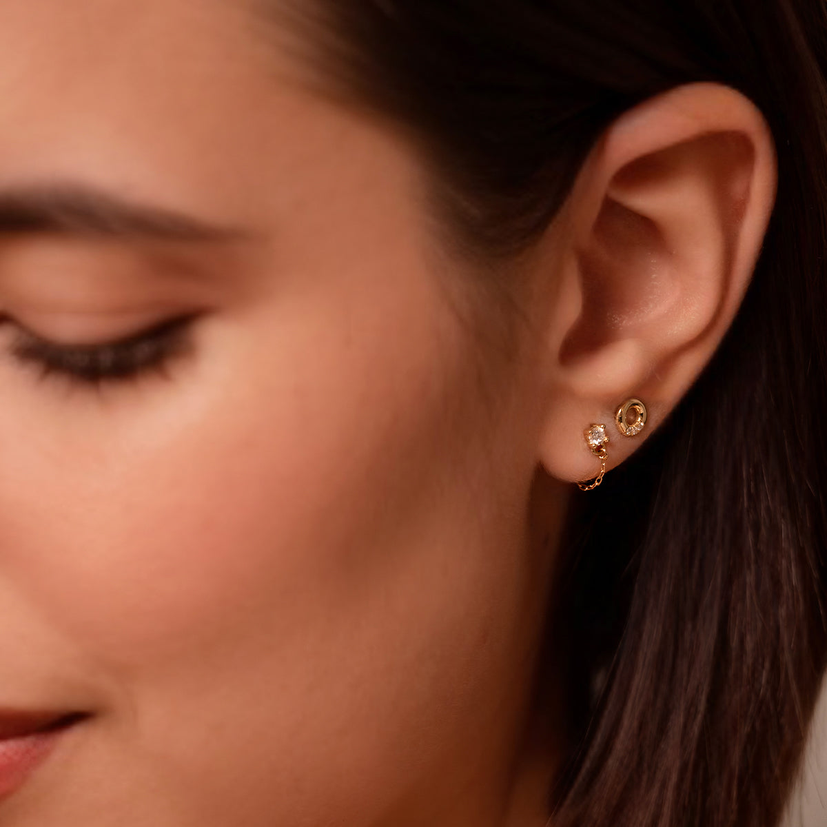 Earrings - Single earring with bridge chain and lab-grown diamond - ORO18KT - 2 | Rue des Mille