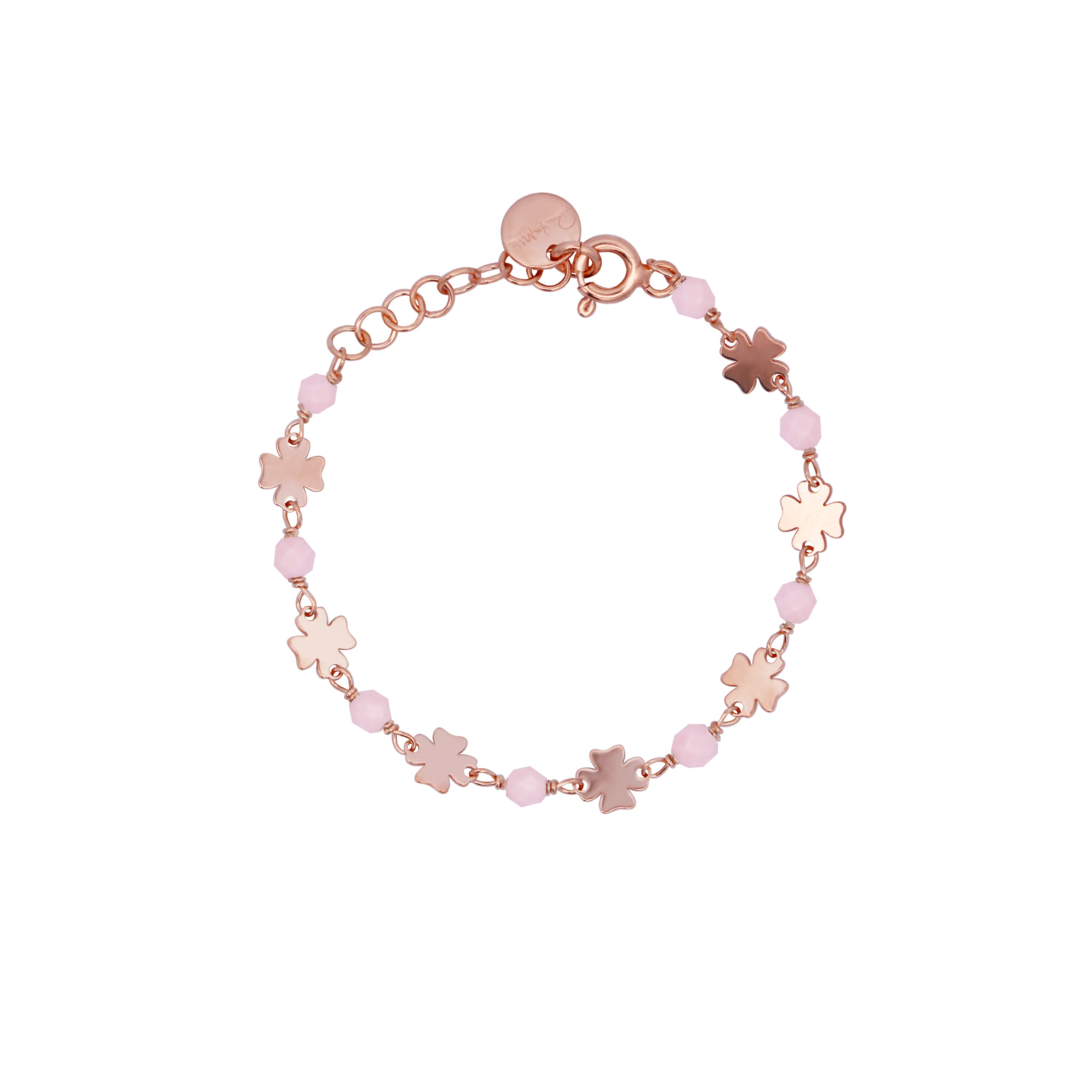 Chained bracelet Four-leaf clovers Pink stones Child - Io&Ro