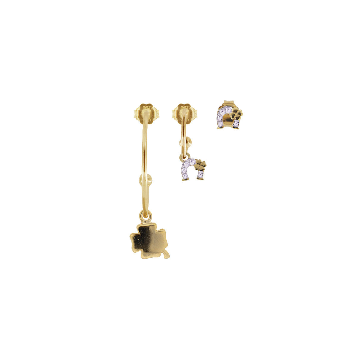 Earrings - 3 Set Earrings Pieces - Four-leaf Clover / Horseshoe / Horseshoe - 2 | Rue des Mille