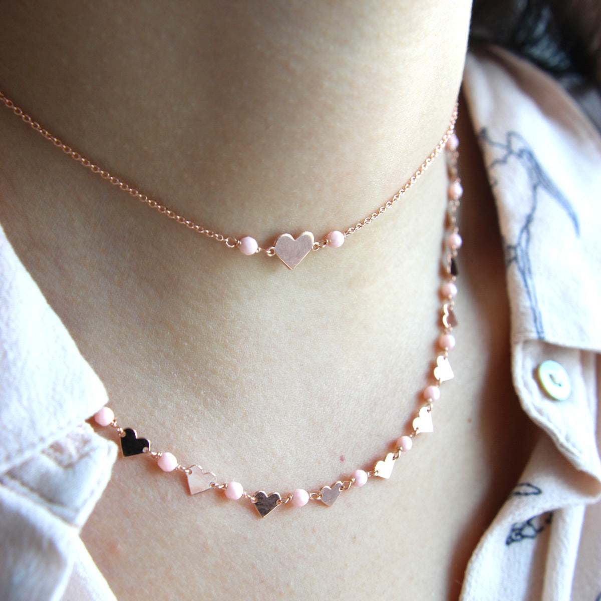 Chokers - Pink Stones Heart Chain Choker - Io&Ro - 2 | Rue des Mille