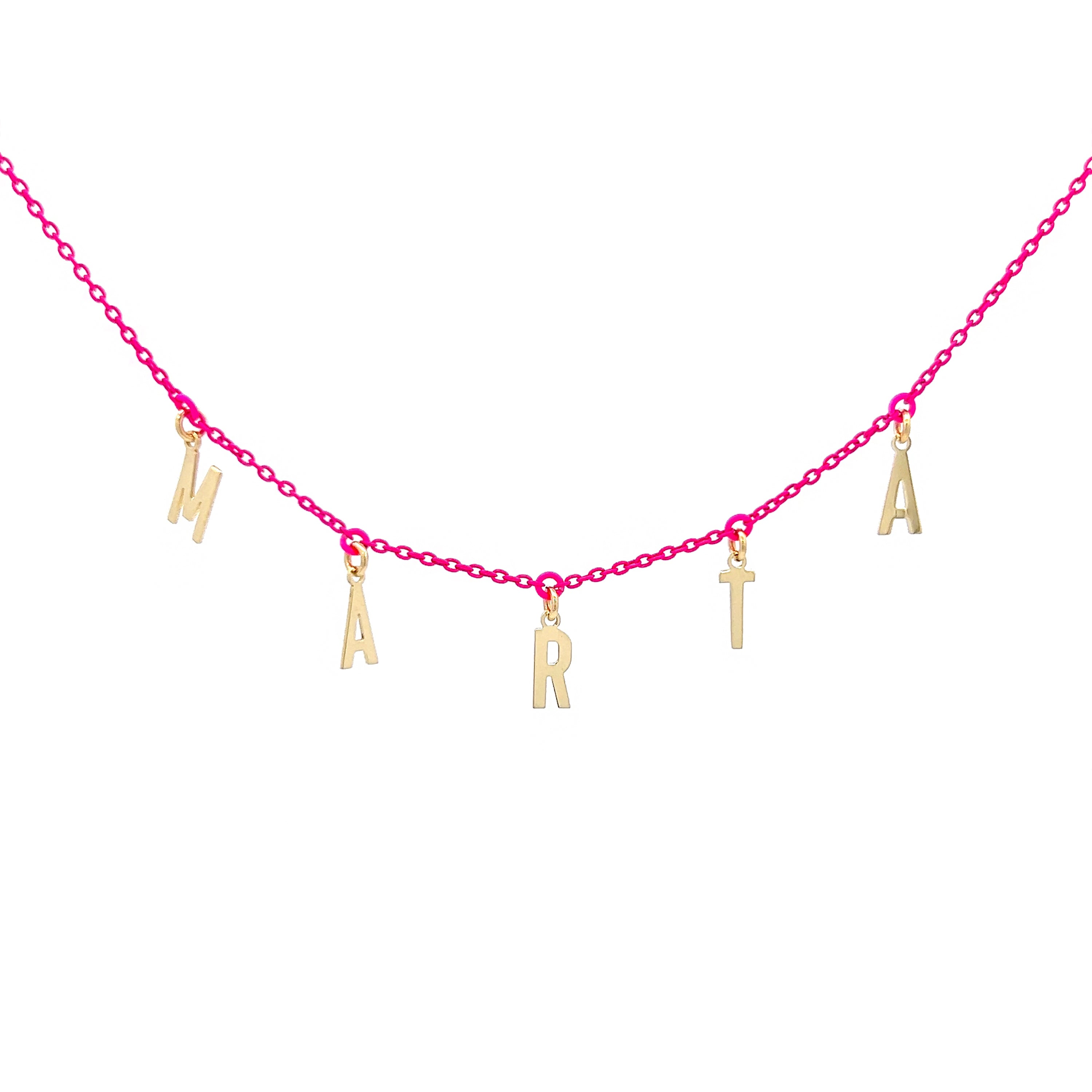 Girocolli - Girocollo Golden Mate lettere personalizzabile fucsia fluo – ORO18KT - 2 | Rue des Mille