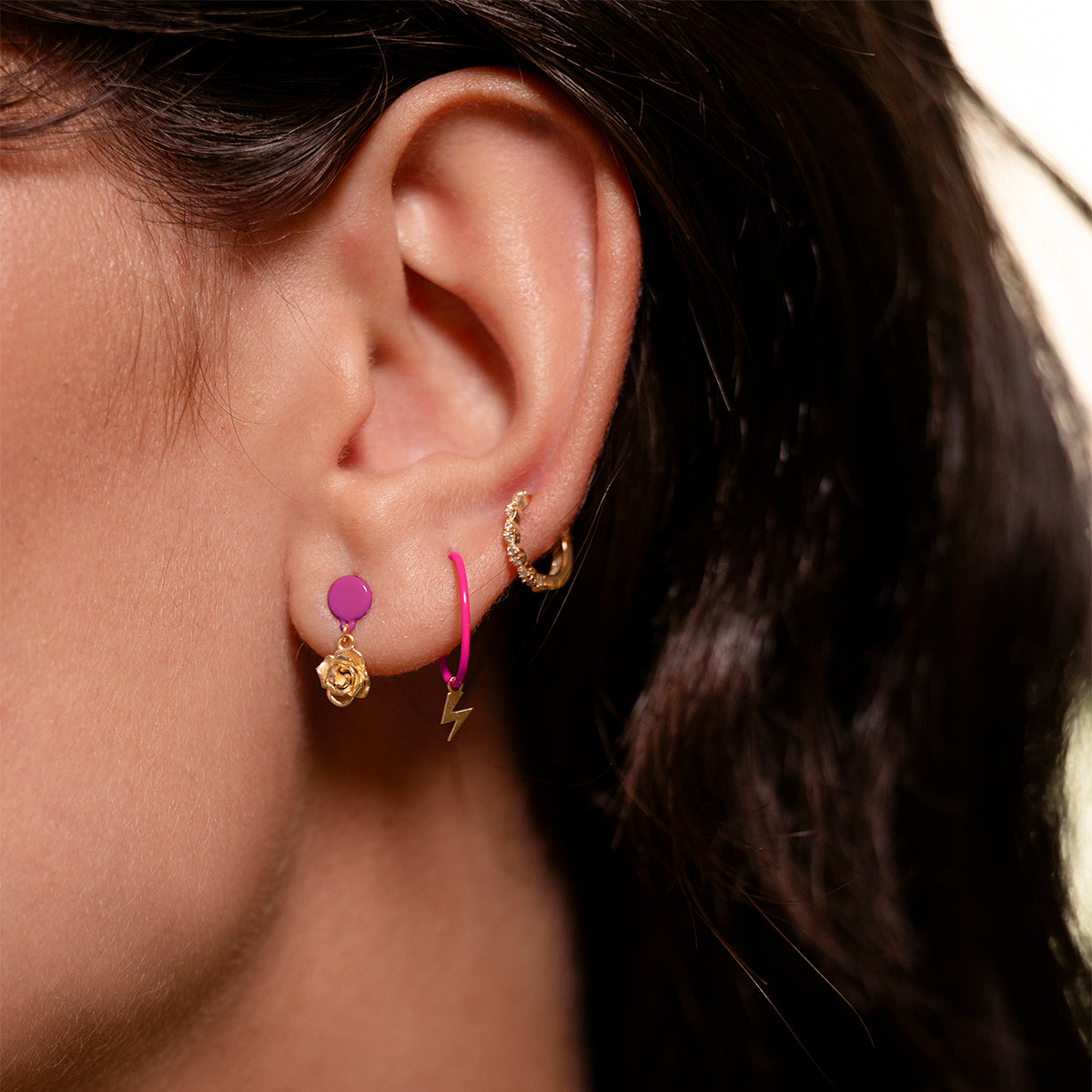 Earrings - Single earring with Rose and painted button - ORO18KT - 2 | Rue des Mille