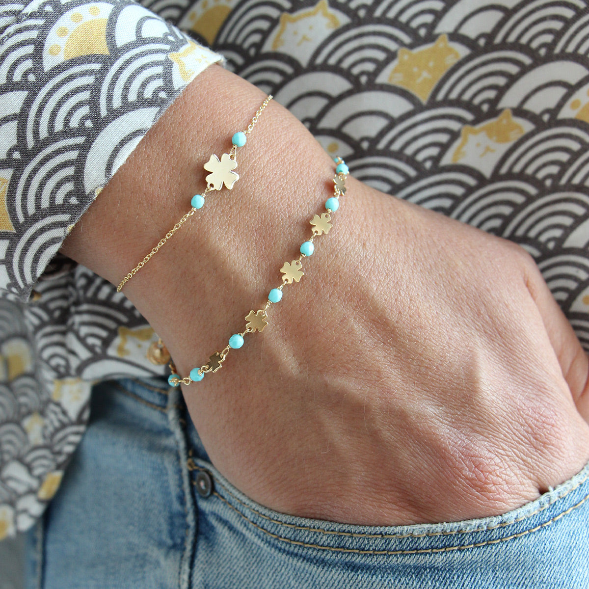 Bracelets - Chain bracelet Four-leaf clovers Stones Turquoise Adult - Io&Ro - 2 | Rue des Mille
