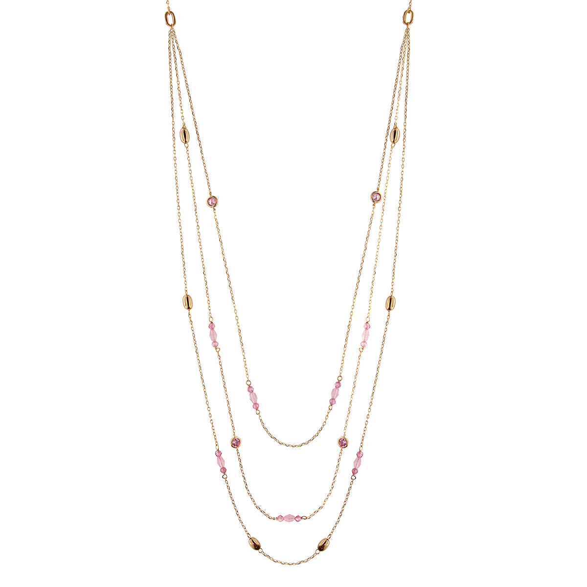 Long necklace 3 strands, drops and pink stones