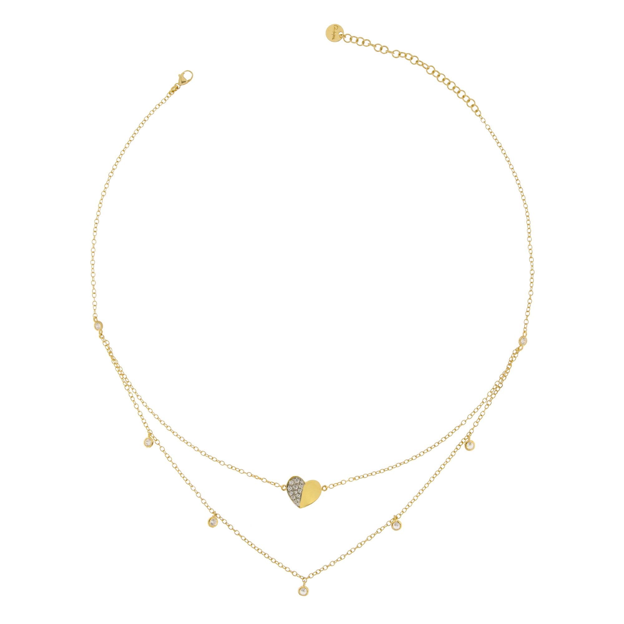 Chokers - Necklace Double Chain Heart With Zirconia - 2 | Rue des Mille