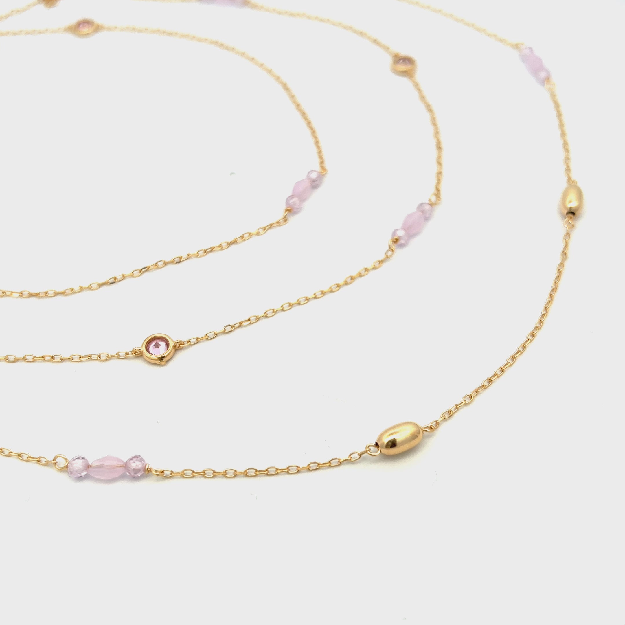 Necklaces - Long necklace 3 strands, drops and pink stones - thumbnail - video - 1 | Rue des Mille