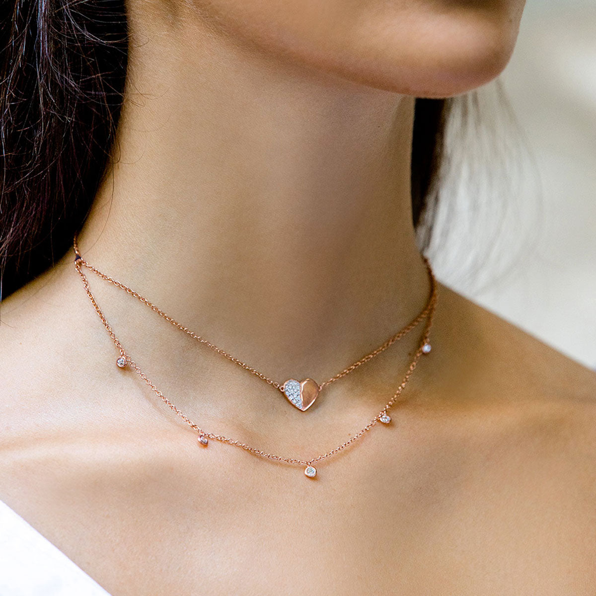 Chokers - Necklace Double Chain Heart With Zirconia - 3 | Rue des Mille