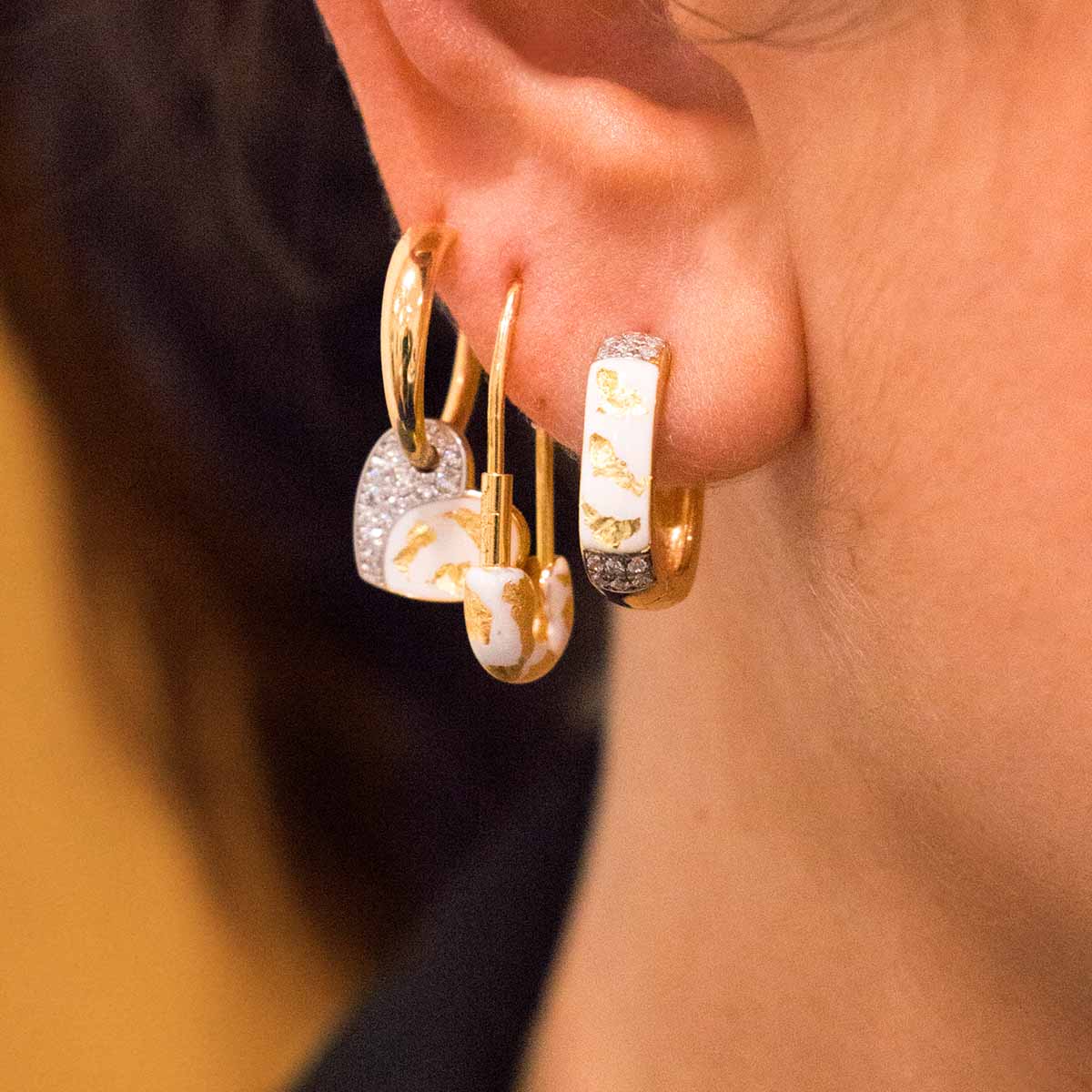 Single earring brooch-  Enamel and Gold Leaves